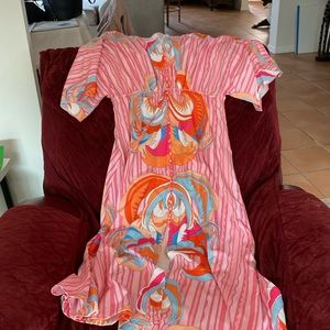 Bold pink and orange vneck maxi dress with slit in front